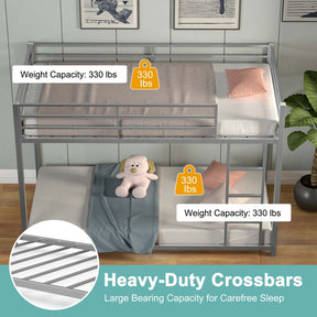Metal Bunk Bed Twin Over Twin, Low Profile Bunk Bed Frame Platform with Ladder & Full Length Guardrail for Kids Teens, No Box Spring Needed