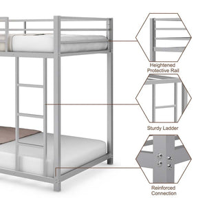 Metal Bunk Bed Twin Over Twin, Low Profile Bunk Bed Frame Platform with Ladder & Full Length Guardrail for Kids Teens, No Box Spring Needed