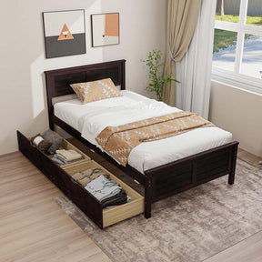 Twin/Full Size Solid Wood Platform Bed Frame with 2 Storage Drawers & Headboard, Wooden Slats Support Mattress Foundation