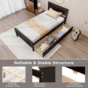 Twin/Full Size Solid Wood Platform Bed Frame with 2 Storage Drawers & Headboard, Wooden Slats Support Mattress Foundation
