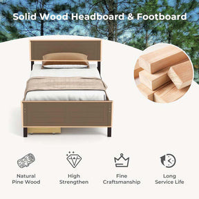 Twin/Full Size Solid Wood Platform Bed Frame with 2 Storage Drawers & Headboard, Wooden Slats Support Mattress Foundation