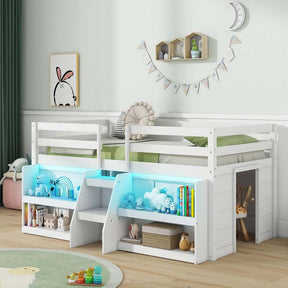 Low Loft Bed with LED Lights & Storage Bookcase, Kids Twin Size Loft Bed with Stairs, Safety Guardrail & Under-Bed Play Space