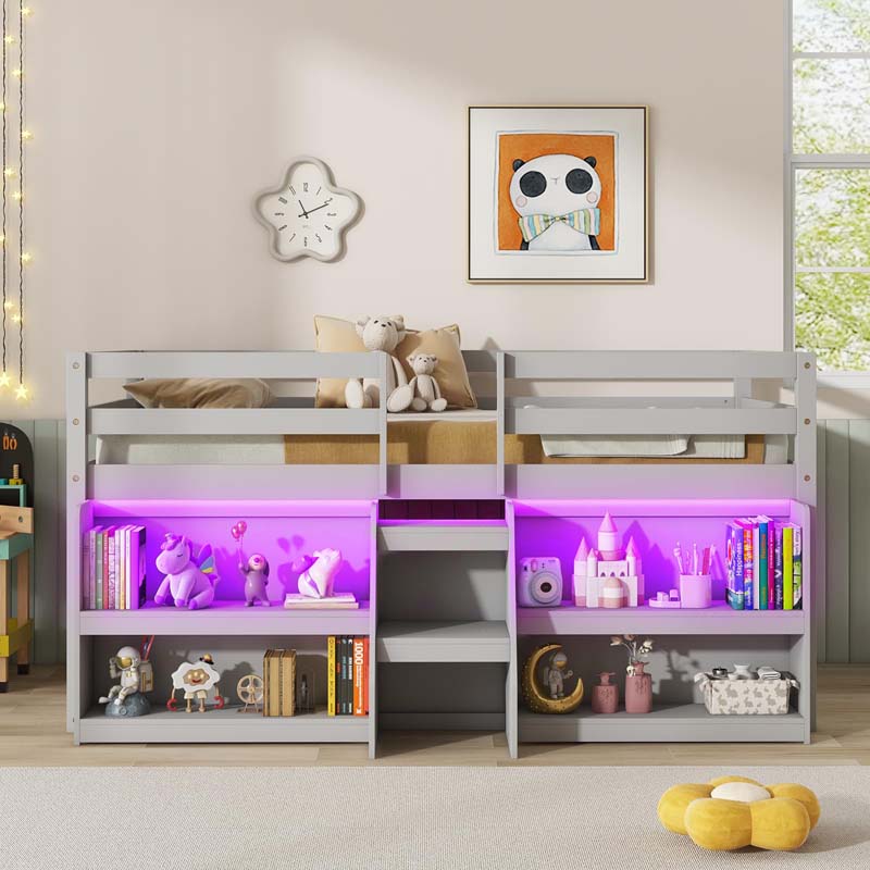 Low Loft Bed with LED Lights & Storage Bookcase, Kids Twin Size Loft Bed with Stairs, Safety Guardrail & Under-Bed Play Space