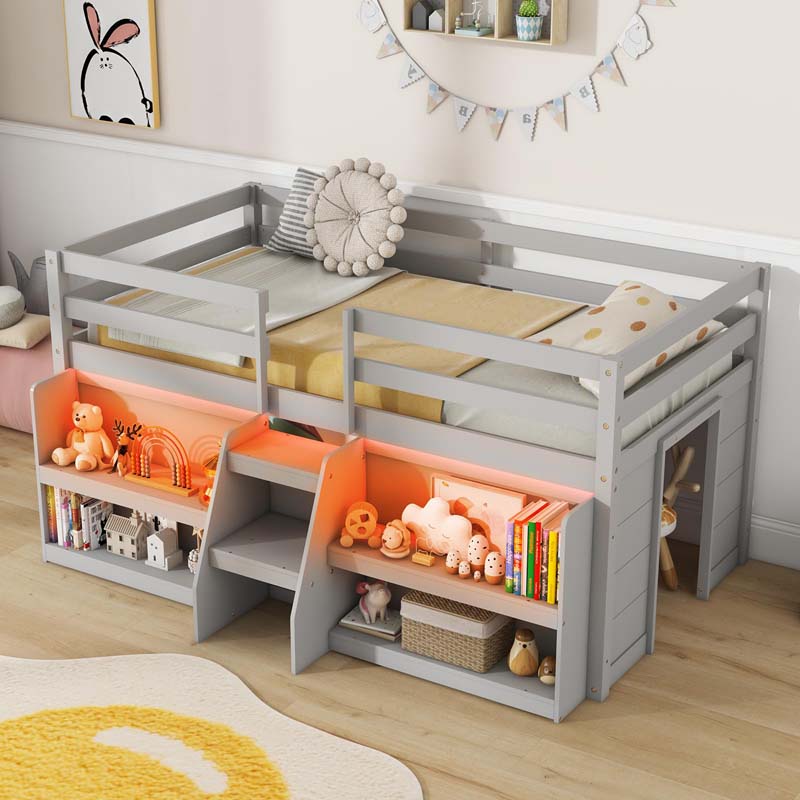 Low Loft Bed with LED Lights & Storage Bookcase, Kids Twin Size Loft Bed with Stairs, Safety Guardrail & Under-Bed Play Space