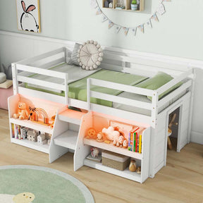 Low Loft Bed with LED Lights & Storage Bookcase, Kids Twin Size Loft Bed with Stairs, Safety Guardrail & Under-Bed Play Space