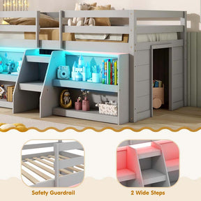 Low Loft Bed with LED Lights & Storage Bookcase, Kids Twin Size Loft Bed with Stairs, Safety Guardrail & Under-Bed Play Space