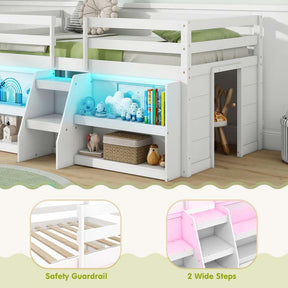 Low Loft Bed with LED Lights & Storage Bookcase, Kids Twin Size Loft Bed with Stairs, Safety Guardrail & Under-Bed Play Space