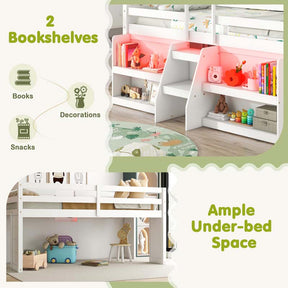 Low Loft Bed with LED Lights & Storage Bookcase, Kids Twin Size Loft Bed with Stairs, Safety Guardrail & Under-Bed Play Space