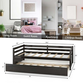 Twin Daybed with Trundle, Wooden Trundle Platform Bed Frame with Wood Slat Support for Guest, Kids & Living Rooms, No Box Spring Needed