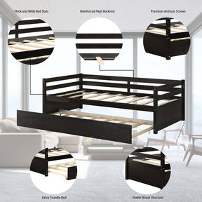 Twin Daybed with Trundle, Wooden Trundle Platform Bed Frame with Wood Slat Support for Guest, Kids & Living Rooms, No Box Spring Needed