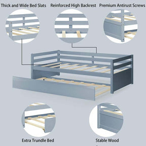 Twin Daybed with Trundle, Wooden Trundle Platform Bed Frame with Wood Slat Support for Guest, Kids & Living Rooms, No Box Spring Needed