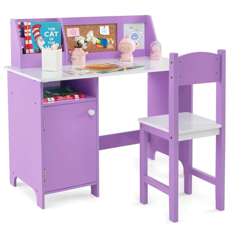 Kids Desk & Chair Set, Wooden Children Study Table w/Storage Hutch, Whiteboard & Cork Board, Student Computer Workstation for Bedroom School