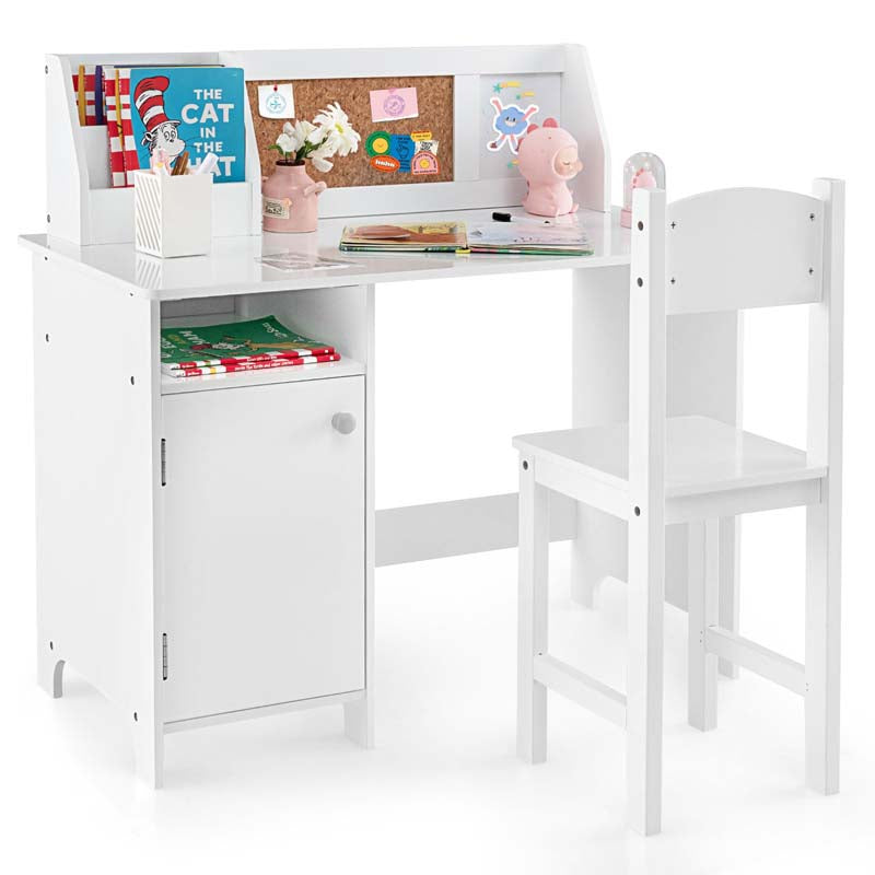 Kids Desk & Chair Set, Wooden Children Study Table w/Storage Hutch, Whiteboard & Cork Board, Student Computer Workstation for Bedroom School