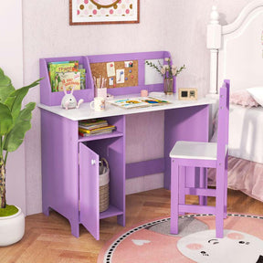 Kids Desk & Chair Set, Wooden Children Study Table w/Storage Hutch, Whiteboard & Cork Board, Student Computer Workstation for Bedroom School