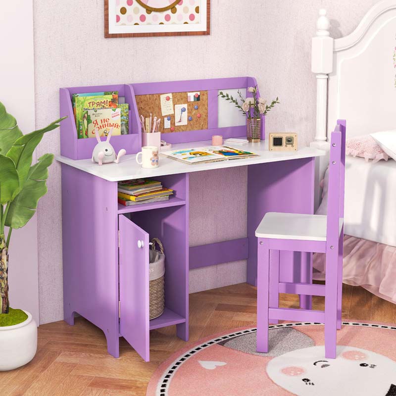 Kids Desk & Chair Set, Wooden Children Study Table w/Storage Hutch, Whiteboard & Cork Board, Student Computer Workstation for Bedroom School