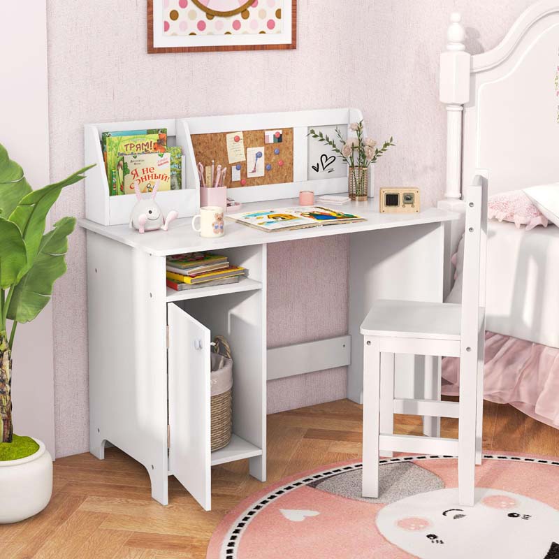 Kids Desk & Chair Set, Wooden Children Study Table w/Storage Hutch, Whiteboard & Cork Board, Student Computer Workstation for Bedroom School