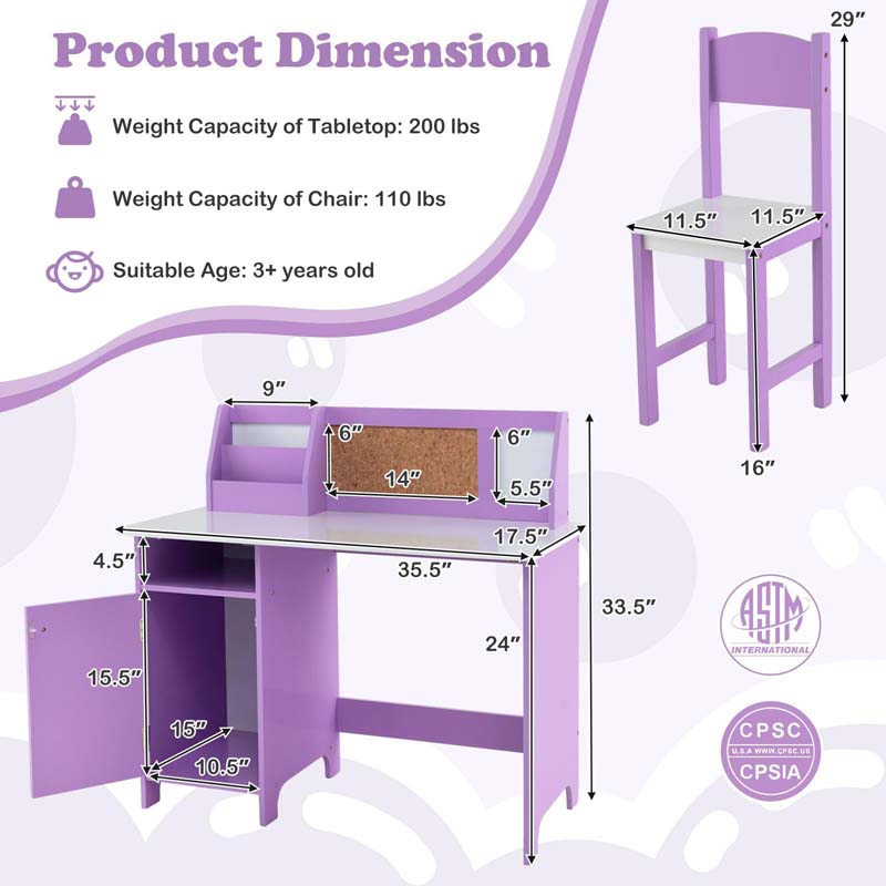 Kids Desk & Chair Set, Wooden Children Study Table w/Storage Hutch, Whiteboard & Cork Board, Student Computer Workstation for Bedroom School