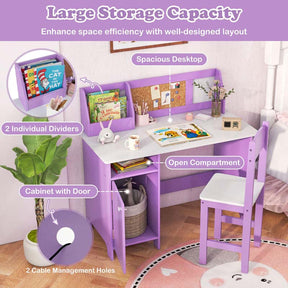 Kids Desk & Chair Set, Wooden Children Study Table w/Storage Hutch, Whiteboard & Cork Board, Student Computer Workstation for Bedroom School