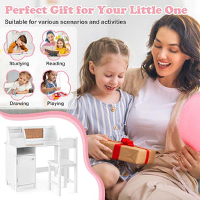 Kids Desk & Chair Set, Wooden Children Study Table w/Storage Hutch, Whiteboard & Cork Board, Student Computer Workstation for Bedroom School