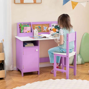 Kids Desk & Chair Set, Wooden Children Study Table w/Storage Hutch, Whiteboard & Cork Board, Student Computer Workstation for Bedroom School