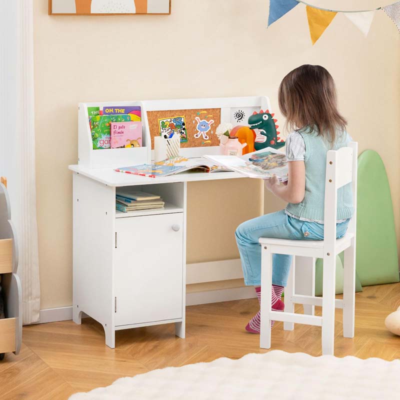 Kids Desk & Chair Set, Wooden Children Study Table w/Storage Hutch, Whiteboard & Cork Board, Student Computer Workstation for Bedroom School