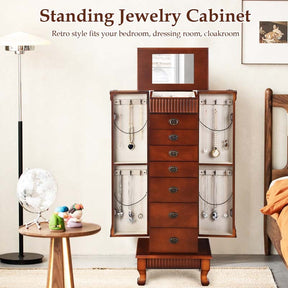 Walnut Large Wooden Standing Jewelry Armoire Cabinet Storage Chest with 7 Drawers, 2 Side Doors, 12 Hooks, Flip-Up Mirror & Top Organizer for Women