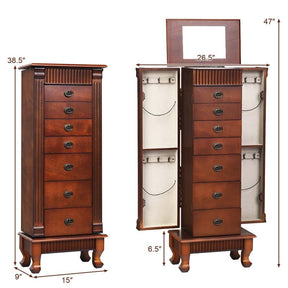 Walnut Large Wooden Standing Jewelry Armoire Cabinet Storage Chest with 7 Drawers, 2 Side Doors, 12 Hooks, Flip-Up Mirror & Top Organizer for Women