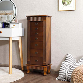 Walnut Large Wooden Standing Jewelry Armoire Cabinet Storage Chest with 7 Drawers, 2 Side Doors, 12 Hooks, Flip-Up Mirror & Top Organizer for Women
