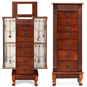 Walnut Large Wooden Standing Jewelry Armoire Cabinet Storage Chest with 7 Drawers, 2 Side Doors, 12 Hooks, Flip-Up Mirror & Top Organizer for Women