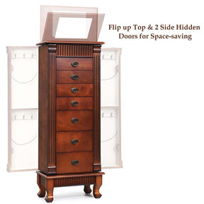Walnut Large Wooden Standing Jewelry Armoire Cabinet Storage Chest with 7 Drawers, 2 Side Doors, 12 Hooks, Flip-Up Mirror & Top Organizer for Women