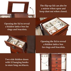 Walnut Large Wooden Standing Jewelry Armoire Cabinet Storage Chest with 7 Drawers, 2 Side Doors, 12 Hooks, Flip-Up Mirror & Top Organizer for Women