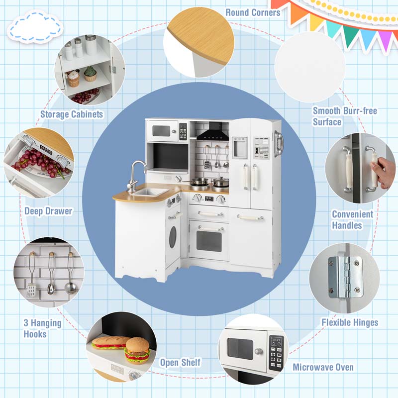 11-in-1 Toddler Wooden Play Kitchen Toy Set, Kids Corner Kitchen Playset with Realistic Washing Machine, Microwave, Stove, Sink