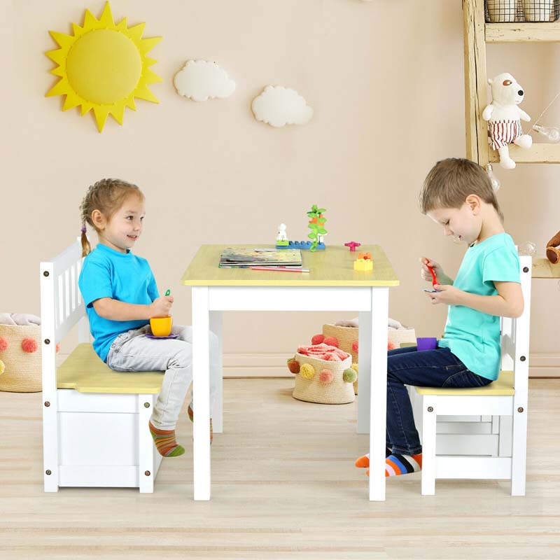 2 in 1 Kids Table and Chair Set, Wooden Children Activity Table with Toy Storage Bench & 2 Chairs for Arts, Crafts, Snack Time, Playroom