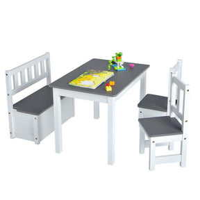 2 in 1 Kids Table and Chair Set, Wooden Children Activity Table with Toy Storage Bench & 2 Chairs for Arts, Crafts, Snack Time, Playroom