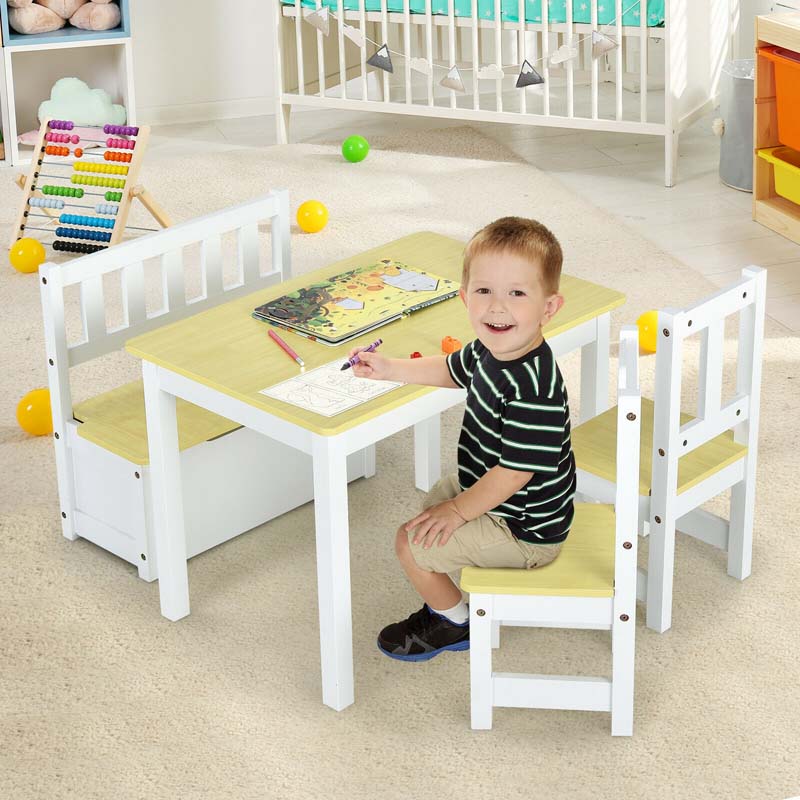 2 in 1 Kids Table and Chair Set, Wooden Children Activity Table with Toy Storage Bench & 2 Chairs for Arts, Crafts, Snack Time, Playroom