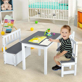 2 in 1 Kids Table and Chair Set, Wooden Children Activity Table with Toy Storage Bench & 2 Chairs for Arts, Crafts, Snack Time, Playroom