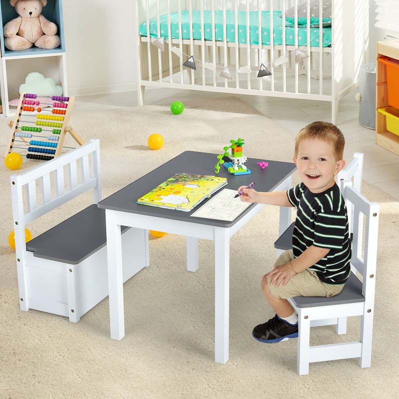 2 in 1 Kids Table and Chair Set, Wooden Children Activity Table with Toy Storage Bench & 2 Chairs for Arts, Crafts, Snack Time, Playroom