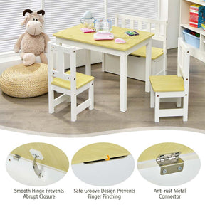 2 in 1 Kids Table and Chair Set, Wooden Children Activity Table with Toy Storage Bench & 2 Chairs for Arts, Crafts, Snack Time, Playroom