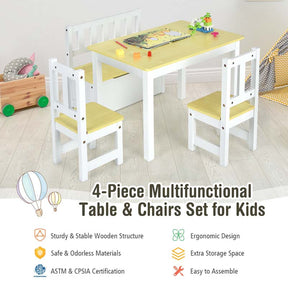2 in 1 Kids Table and Chair Set, Wooden Children Activity Table with Toy Storage Bench & 2 Chairs for Arts, Crafts, Snack Time, Playroom