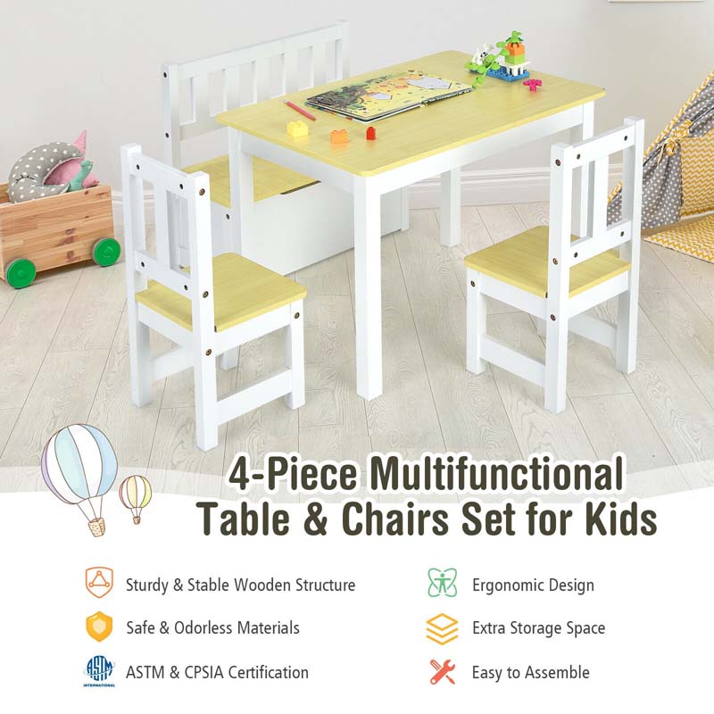 2 in 1 Kids Table and Chair Set, Wooden Children Activity Table with Toy Storage Bench & 2 Chairs for Arts, Crafts, Snack Time, Playroom