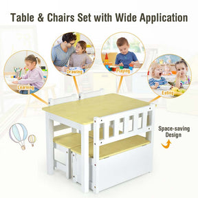 2 in 1 Kids Table and Chair Set, Wooden Children Activity Table with Toy Storage Bench & 2 Chairs for Arts, Crafts, Snack Time, Playroom