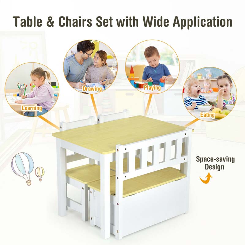 2 in 1 Kids Table and Chair Set, Wooden Children Activity Table with Toy Storage Bench & 2 Chairs for Arts, Crafts, Snack Time, Playroom