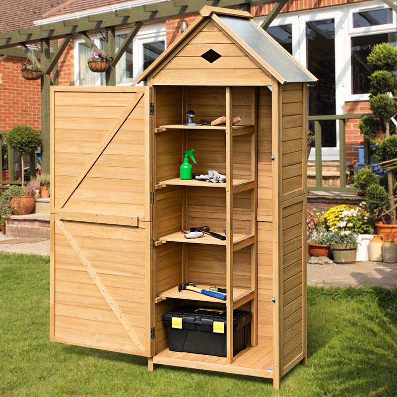 63" Wood Outdoor Storage Shed Lockable Garden Tools Storage Cabinet with 5 Shelves, Galvanized Sheet Roof