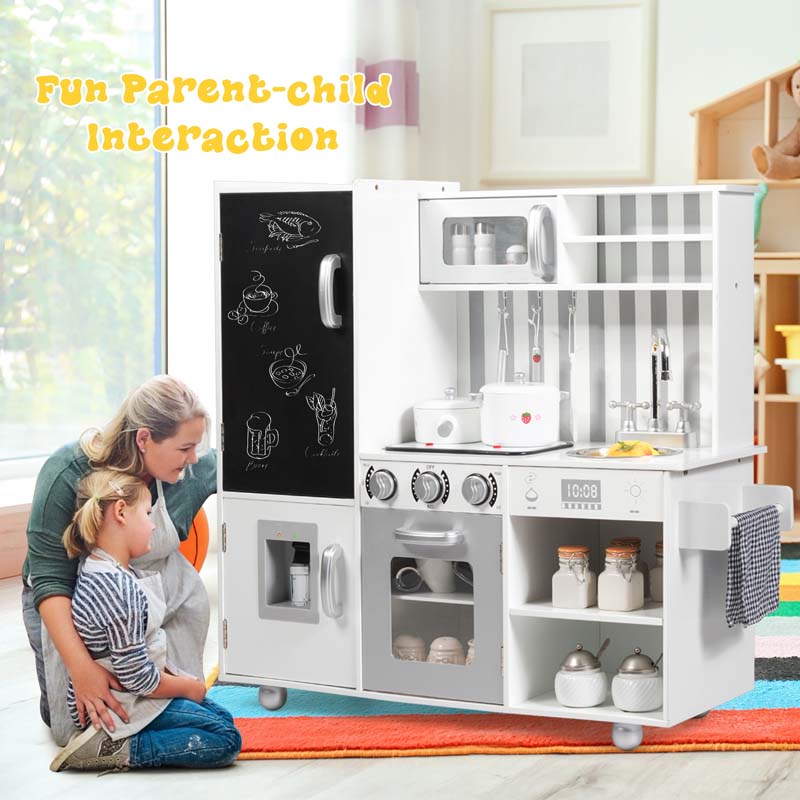 Wooden Kids Kitchen Playset with Simulated Sound, Chalkboard, Water Dispenser, Utensils, Little Chef Pretend Play Kitchen Toy Set Gift