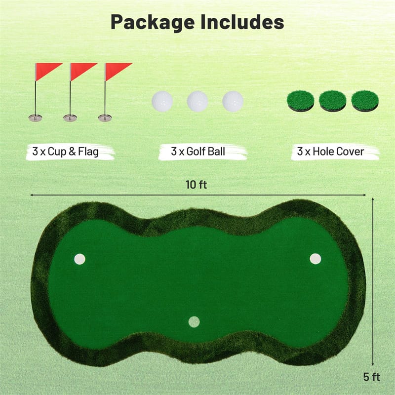 10FT x 5FT Golf Putting Green, Indoor Outdoor Professional Golf Practice Mat with 3 Holes & Golf Balls, Golf Training Mat for Home Office, Backyard