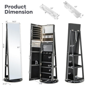 360° Swivel Jewelry Armoire with Full-Length Mirror, Lockable Jewelry Cabinet Standing Organizer w/Rear Storage Shelves 3-Color LED Lights