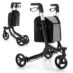 3-Wheel Folding Rollator Walker with Shopping Bag, Lightweight Aluminum Mobility Walking Aid