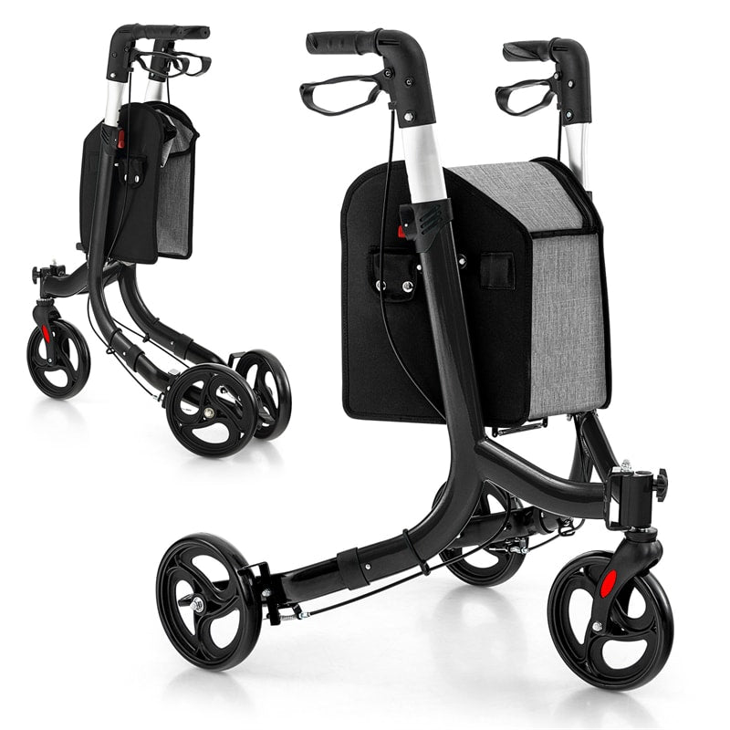 3-Wheel Folding Rollator Walker with Shopping Bag, Lightweight Aluminum Mobility Walking Aid