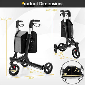 3-Wheel Folding Rollator Walker with Shopping Bag, Lightweight Aluminum Mobility Walking Aid