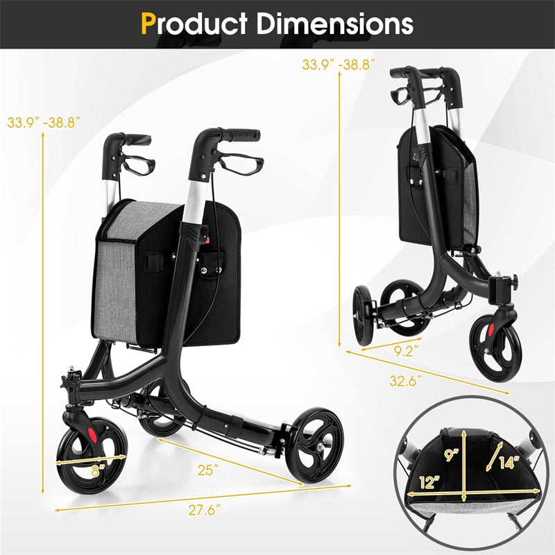 3-Wheel Folding Rollator Walker with Shopping Bag, Lightweight Aluminum Mobility Walking Aid